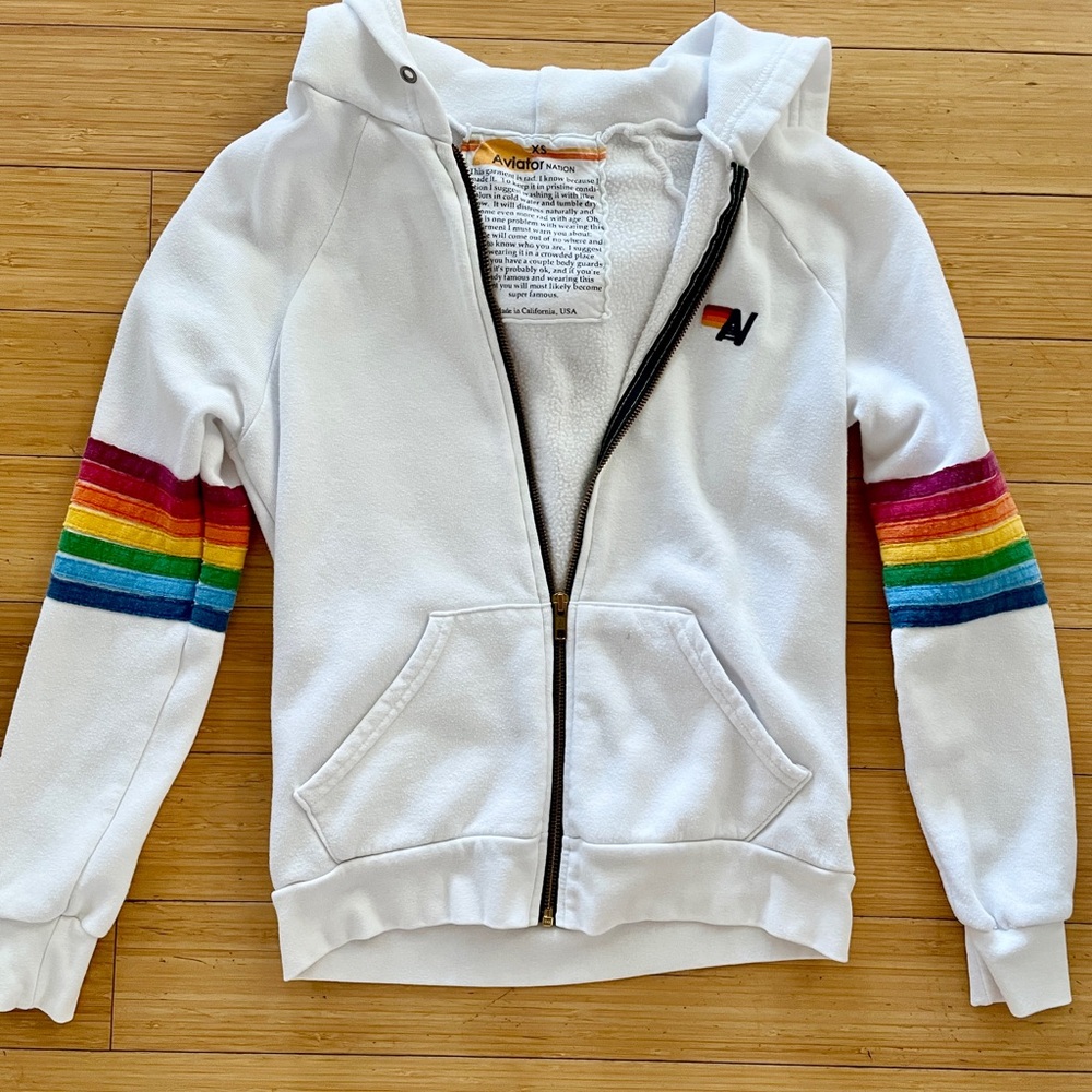 Aviator Nation White Hoodie with Rainbow Sleeves XS